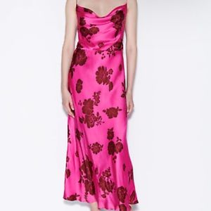 Zara Long Hot Pink Floral Printed Satin midi Camisole Slip Dress 8316/384